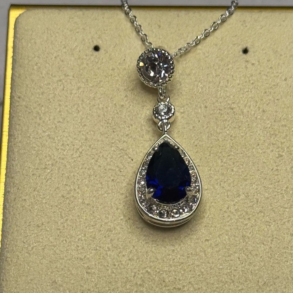 Sapphire Blue Dangling Crystal Pendant Made with Swarovski Crystals 18 inch